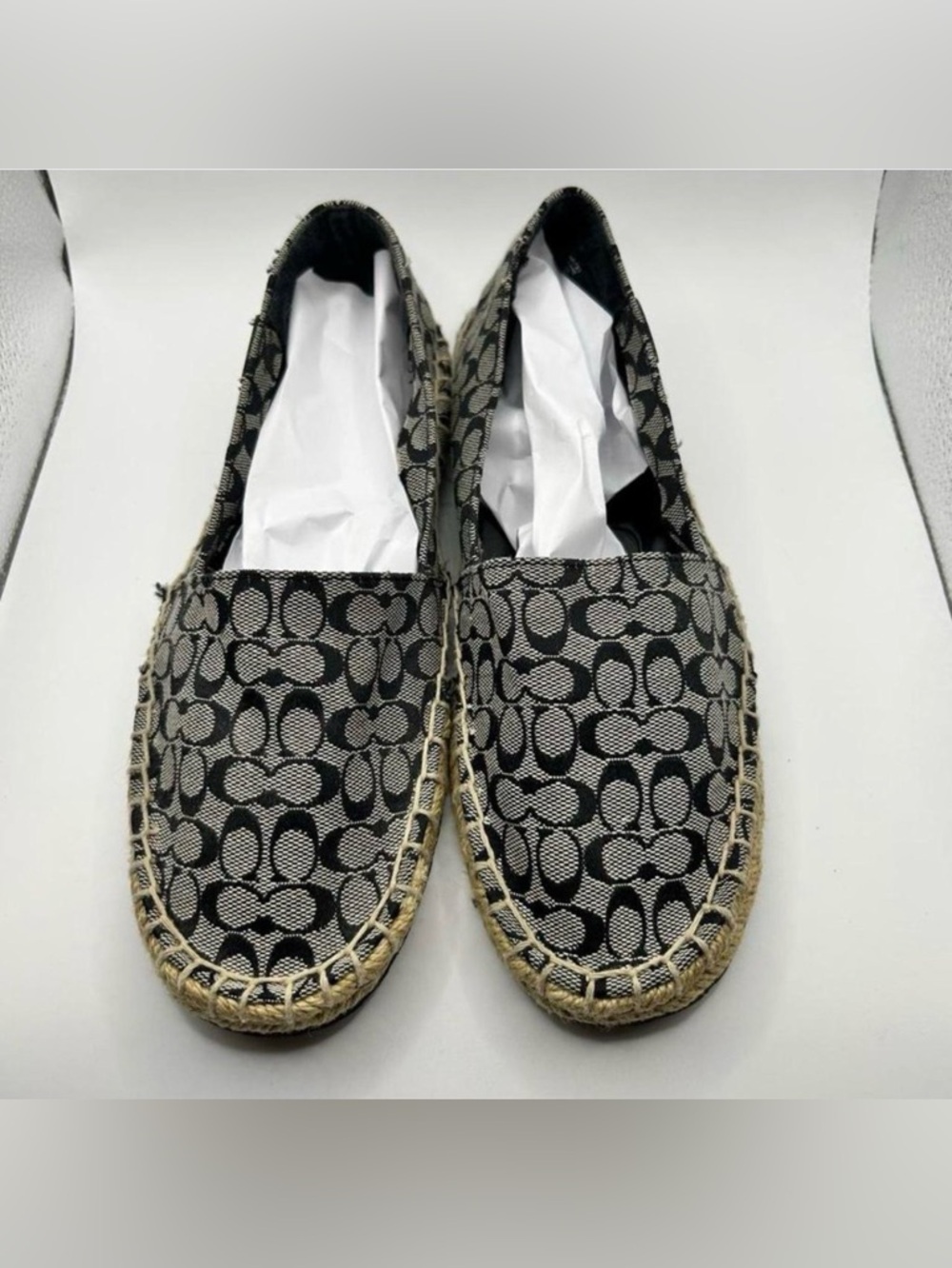 Coach Black and Cream/Gray Signature Logo Canvas Espadrilles, size 6.5